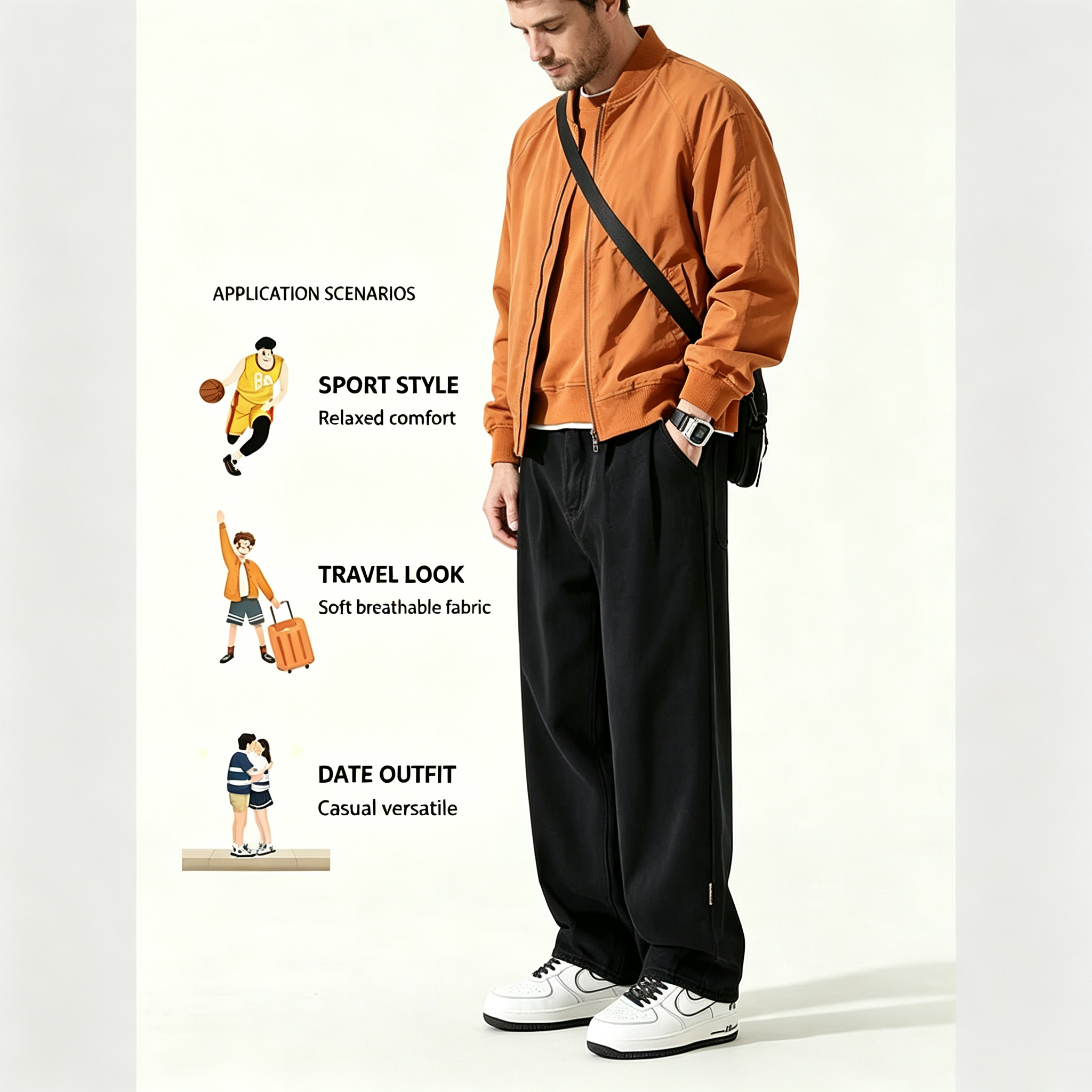 Men’s Streetwear 2‑Piece Matching Outfit Set, Casual Zip‑Up Jacket & Height‑Boost Wide‑Leg Baggy Pants, Versatile Outfit for Sports Travel Dating, Fit for All Body Types