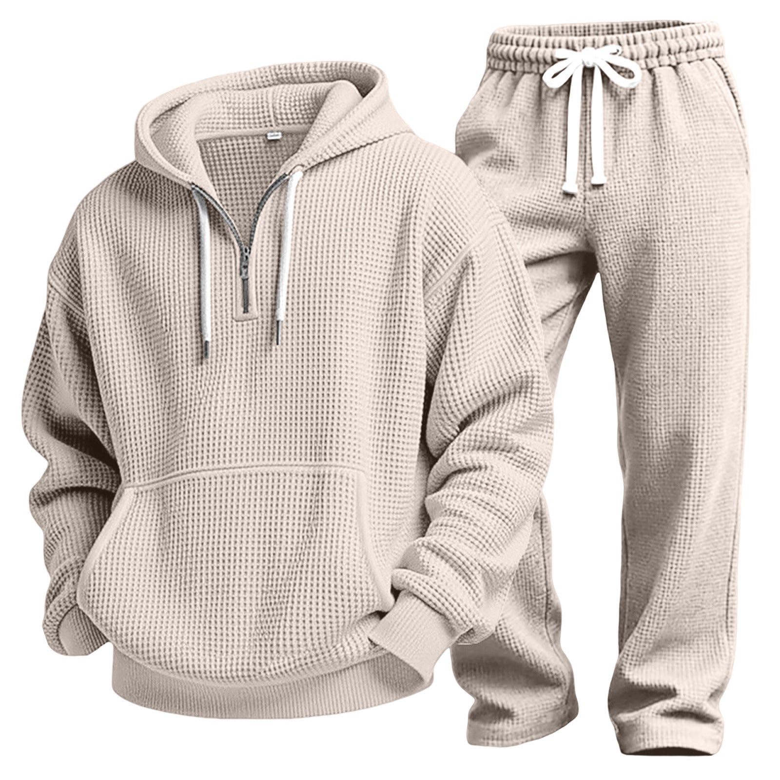Men Solid Waffle Knit Tracksuit 2‑Piece Long Sleeve Top Pants Casual Sport Set