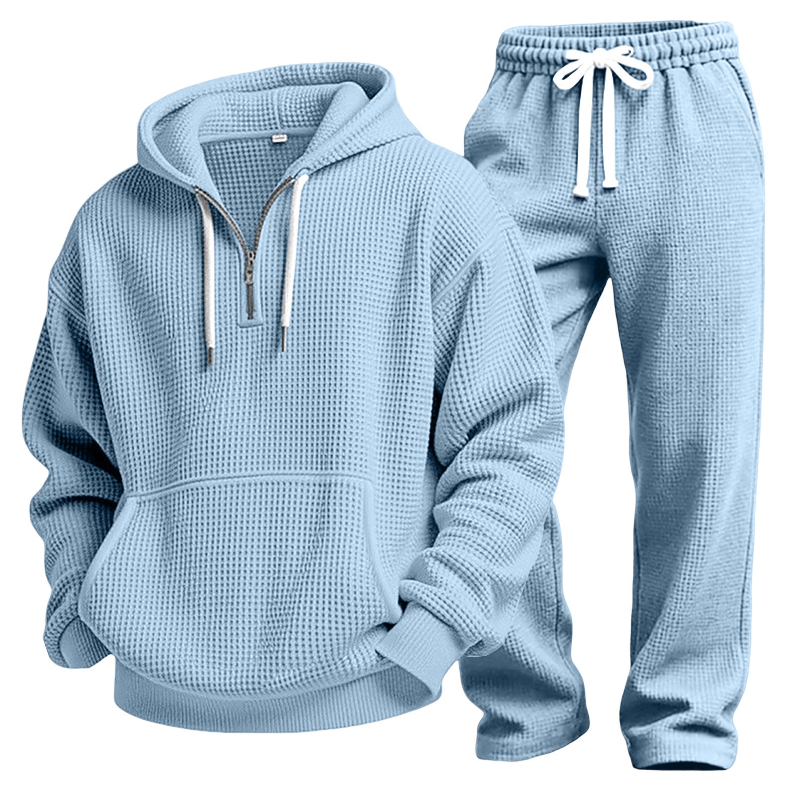 Men Solid Waffle Knit Tracksuit 2‑Piece Long Sleeve Top Pants Casual Sport Set