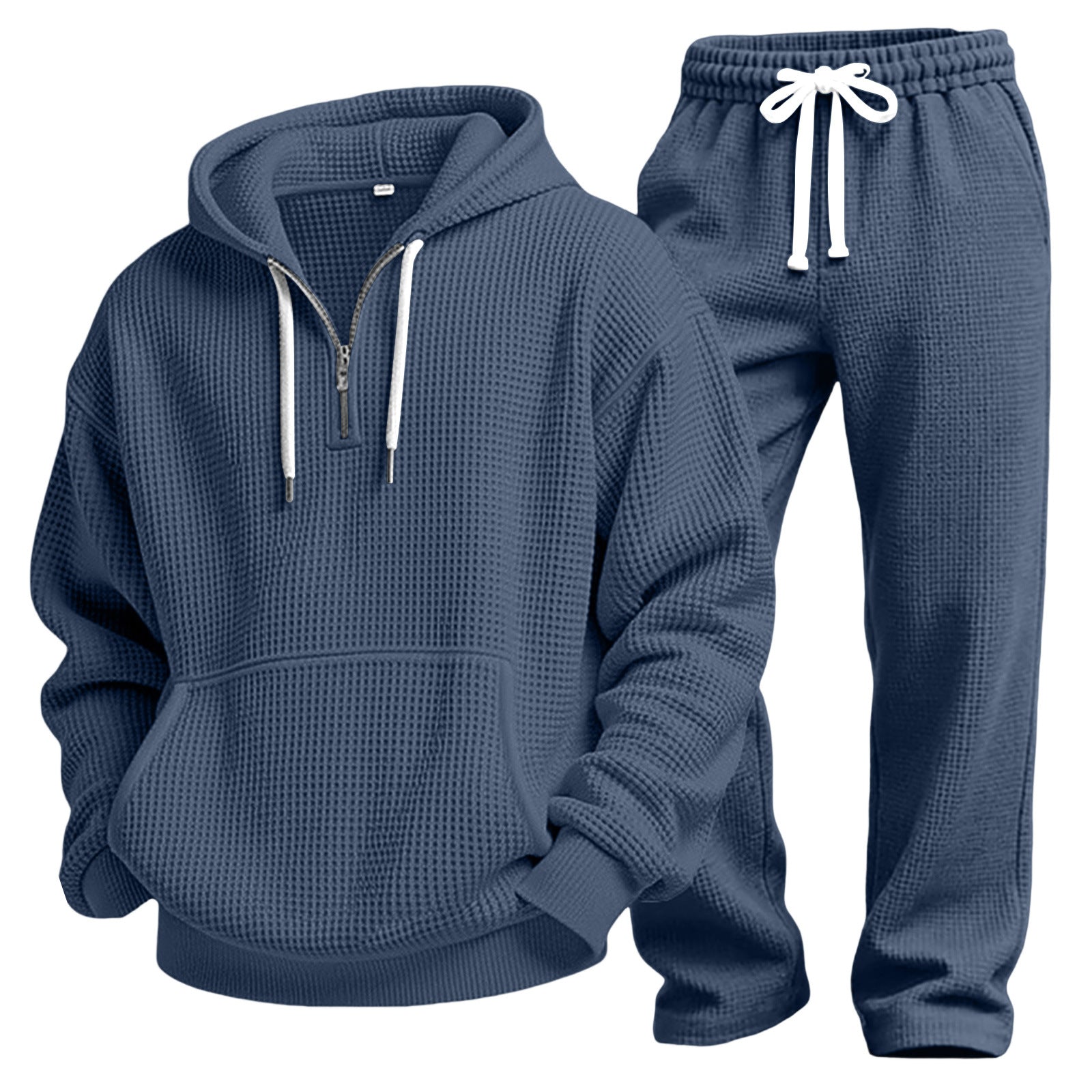 Men Solid Waffle Knit Tracksuit 2‑Piece Long Sleeve Top Pants Casual Sport Set