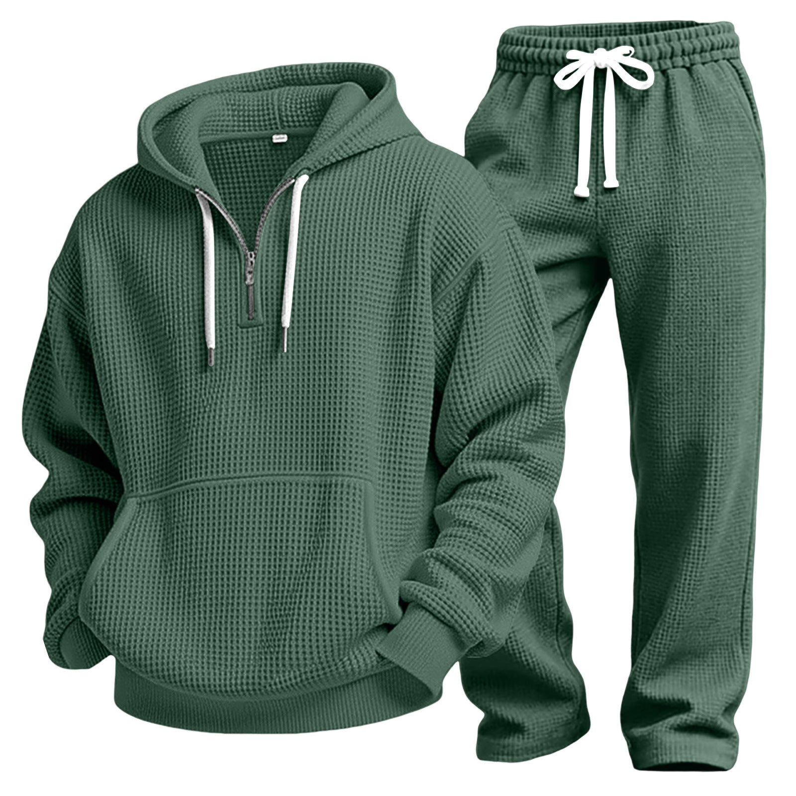 Men Solid Waffle Knit Tracksuit 2‑Piece Long Sleeve Top Pants Casual Sport Set