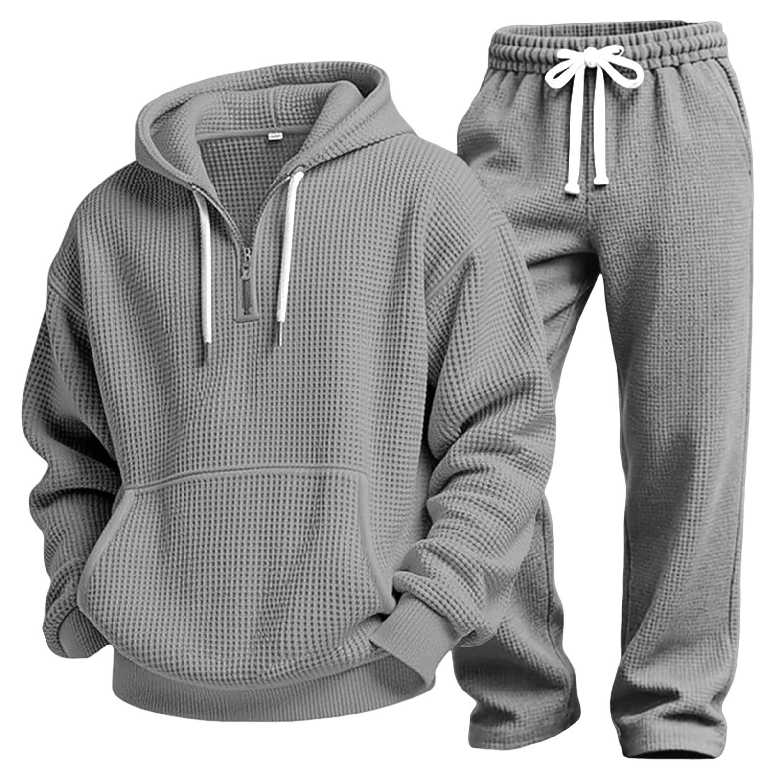 Men Solid Waffle Knit Tracksuit 2‑Piece Long Sleeve Top Pants Casual Sport Set