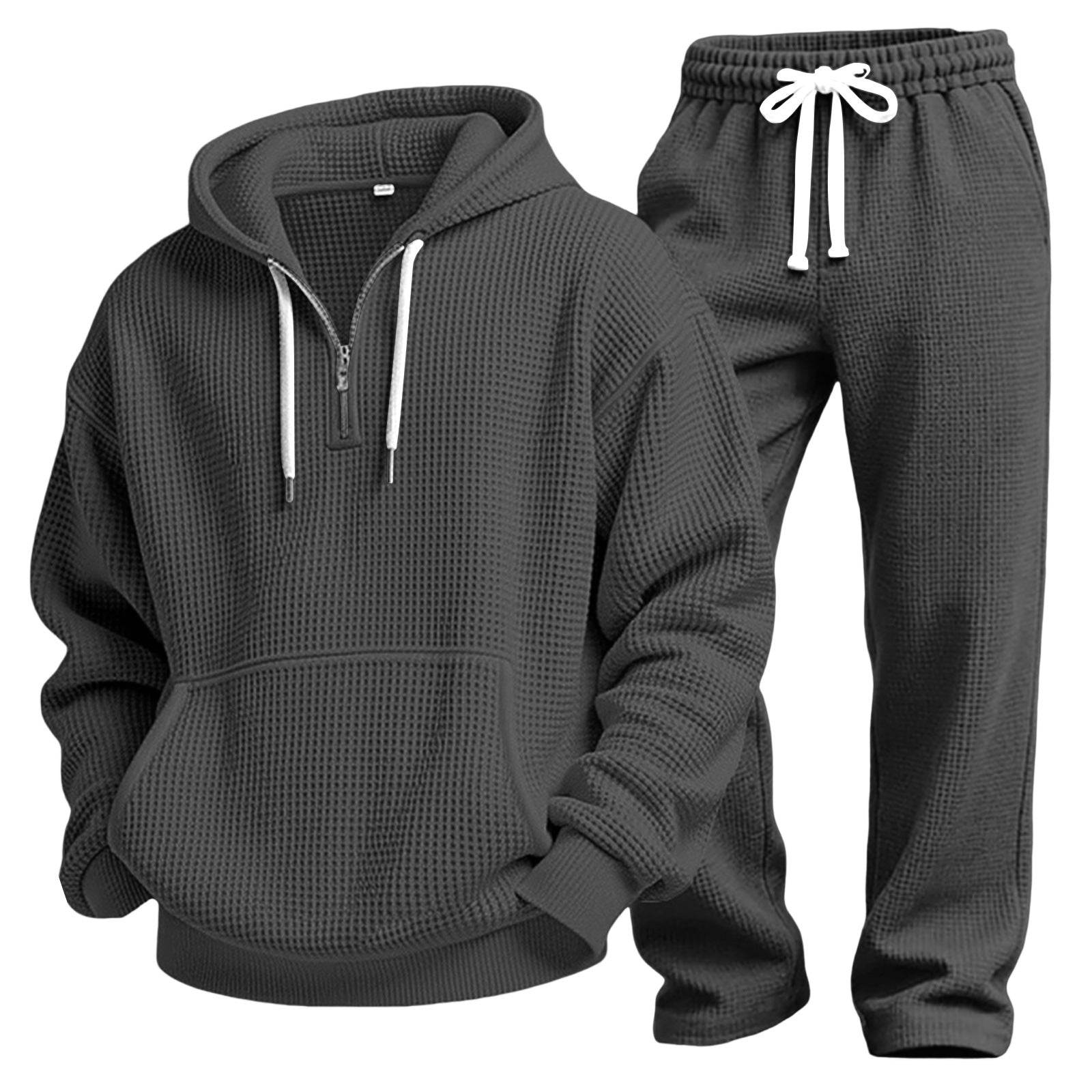 Men Solid Waffle Knit Tracksuit 2‑Piece Long Sleeve Top Pants Casual Sport Set