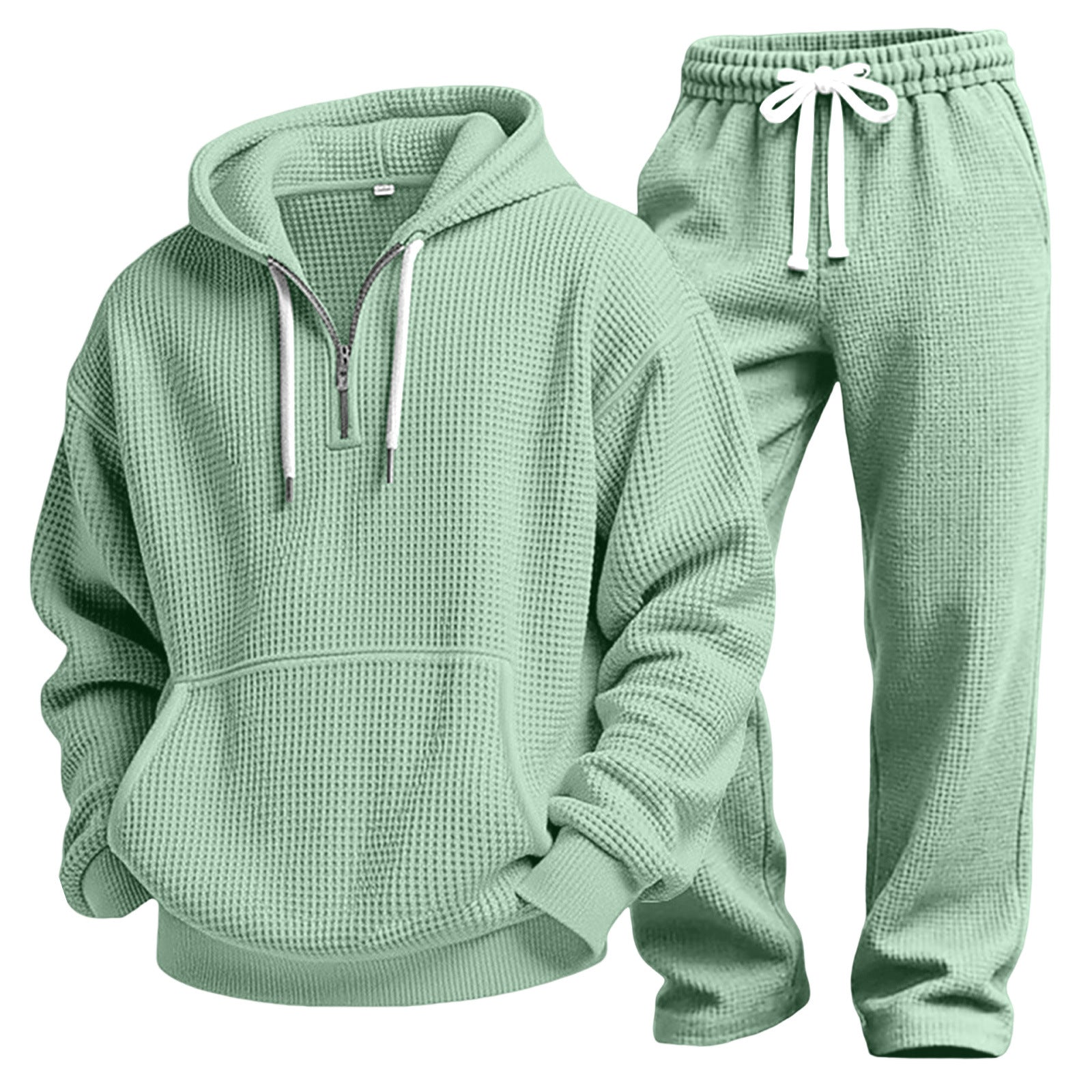Men Solid Waffle Knit Tracksuit 2‑Piece Long Sleeve Top Pants Casual Sport Set