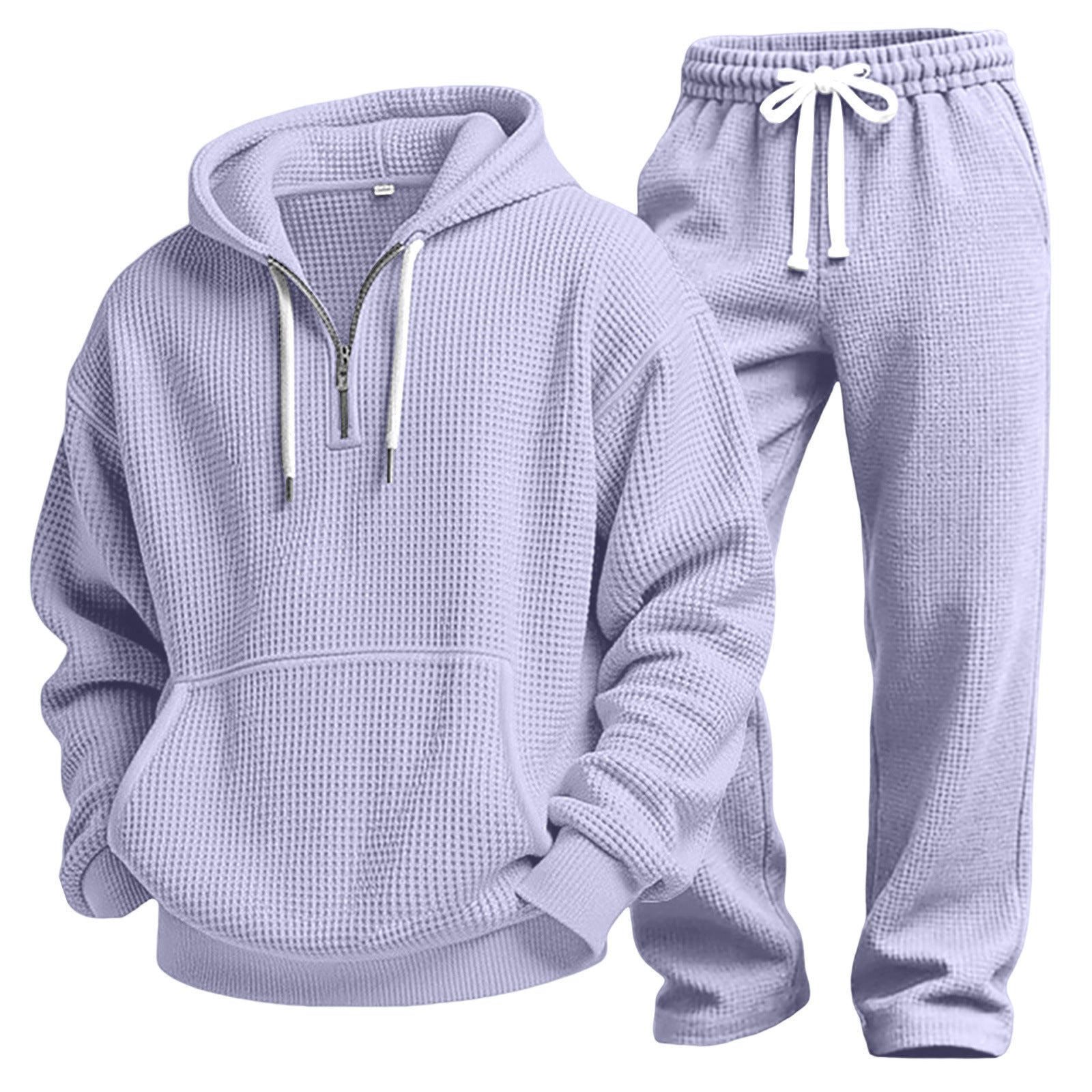 Men Solid Waffle Knit Tracksuit 2‑Piece Long Sleeve Top Pants Casual Sport Set