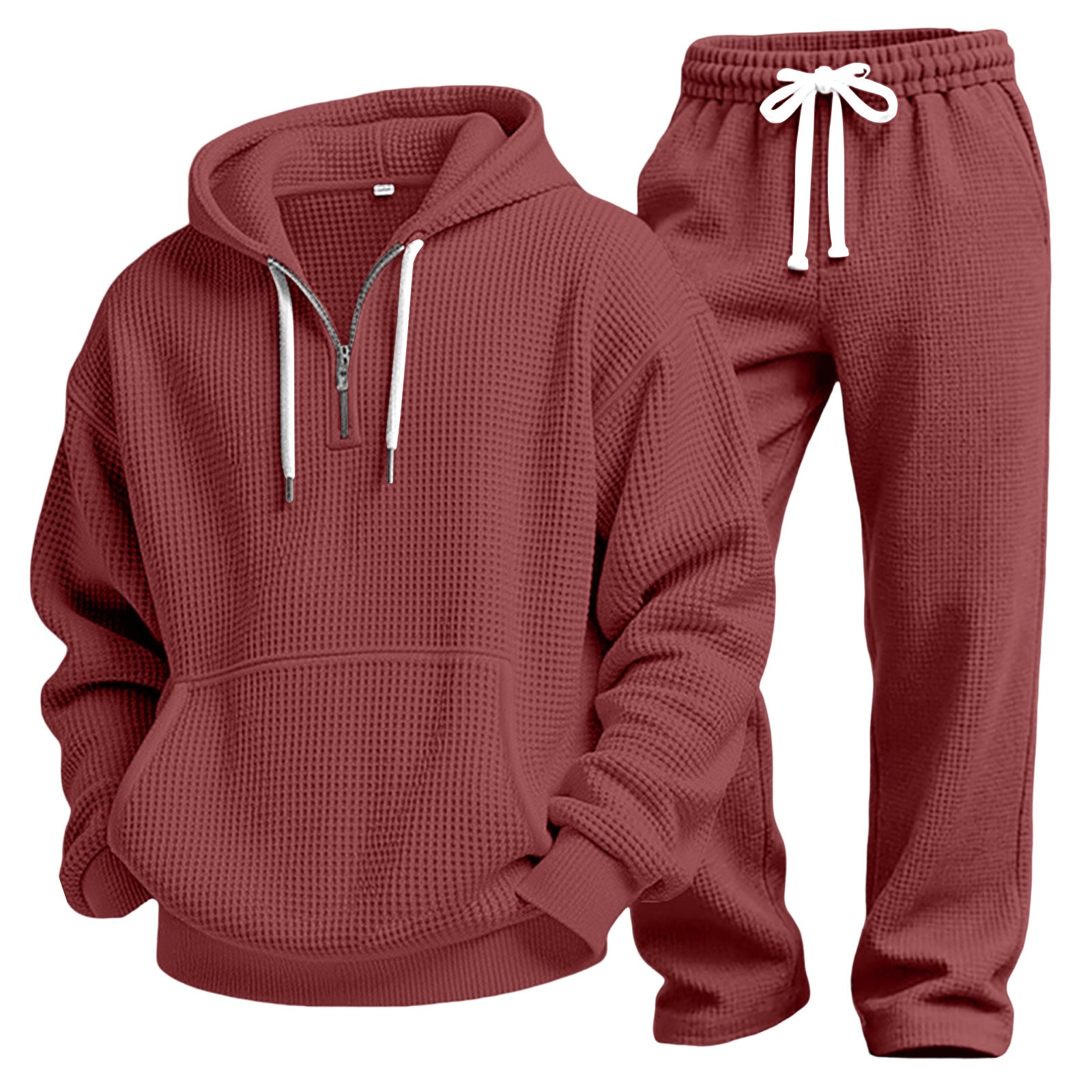 Men Solid Waffle Knit Tracksuit 2‑Piece Long Sleeve Top Pants Casual Sport Set
