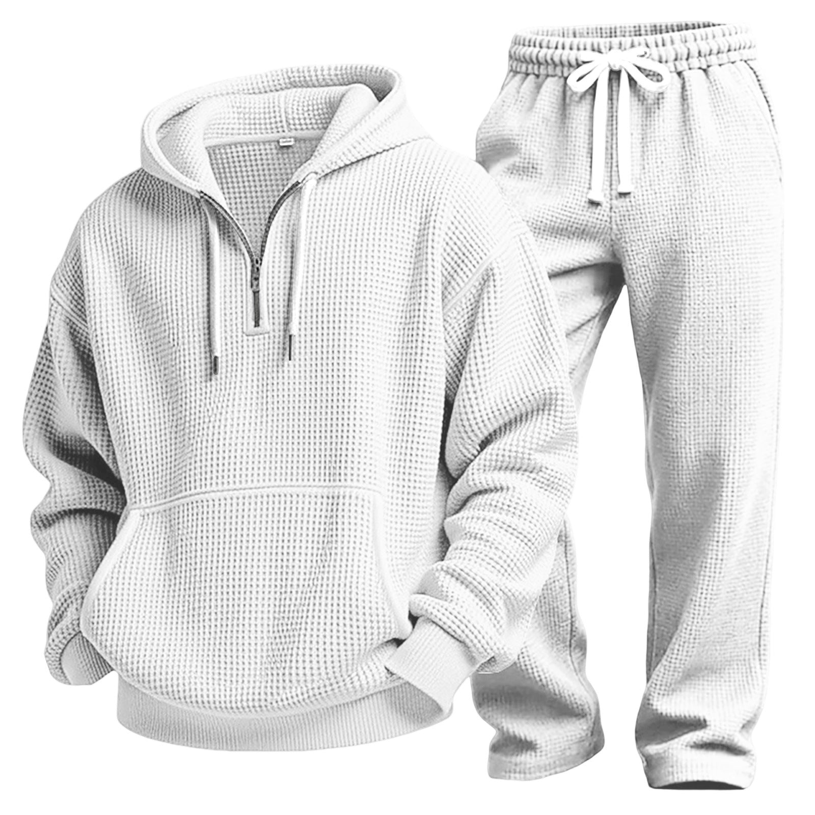 Men Solid Waffle Knit Tracksuit 2‑Piece Long Sleeve Top Pants Casual Sport Set